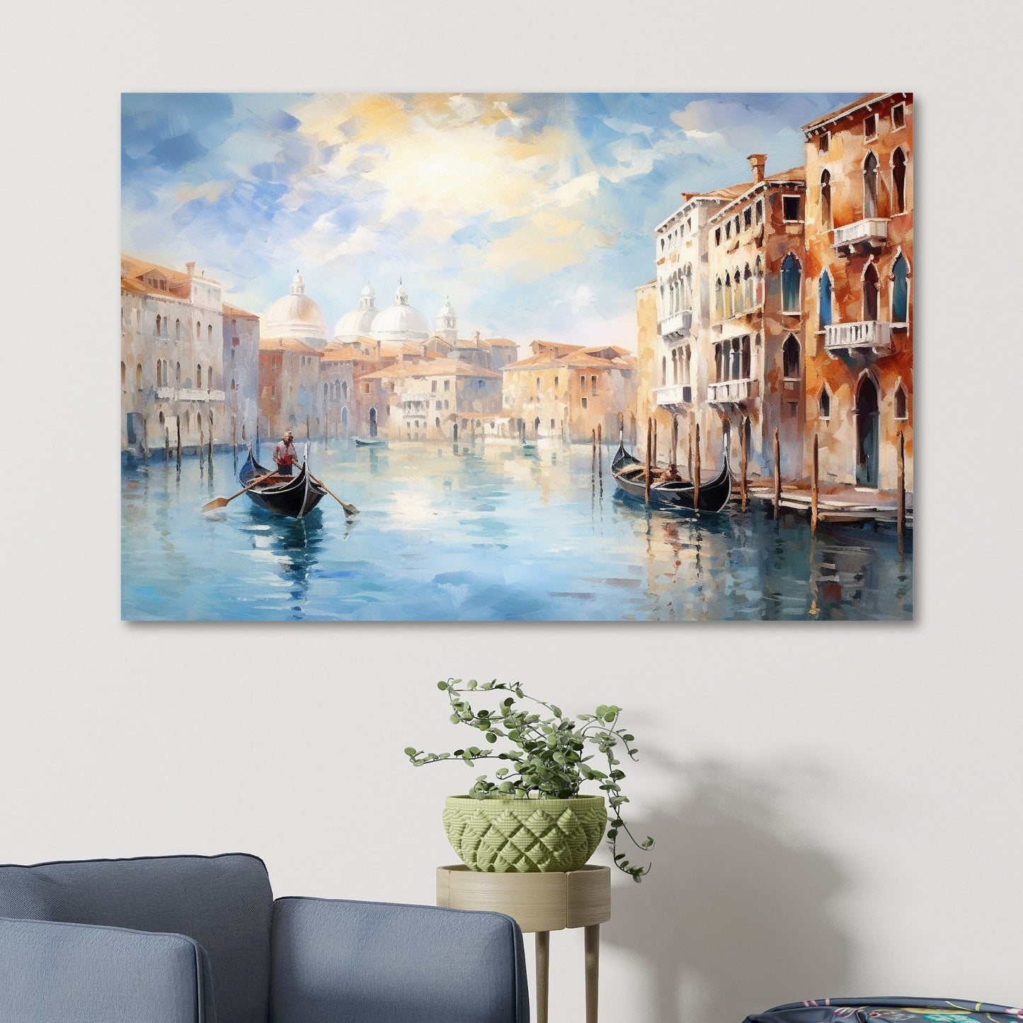 Grafisk maleri. Utforsk den romantiske skjønnheten med vår Venezia plakat og lerret. Dykk inn i det pulserende hjertet av Italia mens du tar inn synet av gondoler som glir stille gjennom kanalene og de fargerike bygningene som speiler seg i det stille vannet. Illustrasjon som viser motivet på lerret.