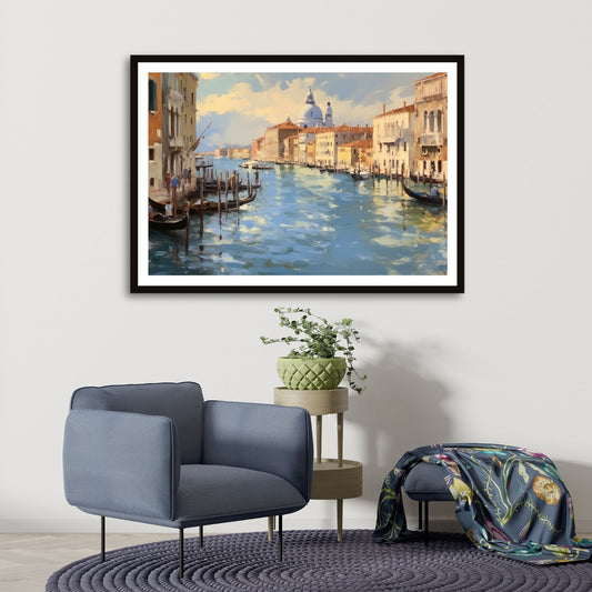Grafisk maleri. Utforsk den romantiske skjønnheten med vår Venezia plakat og lerret. Dykk inn i det pulserende hjertet av Italia mens du tar inn synet av gondoler som ligger i kanalene og de fargerike bygningene som speiler seg i det stille vannet. Illustrasjon som viser motivet som plakat i sort ramme.