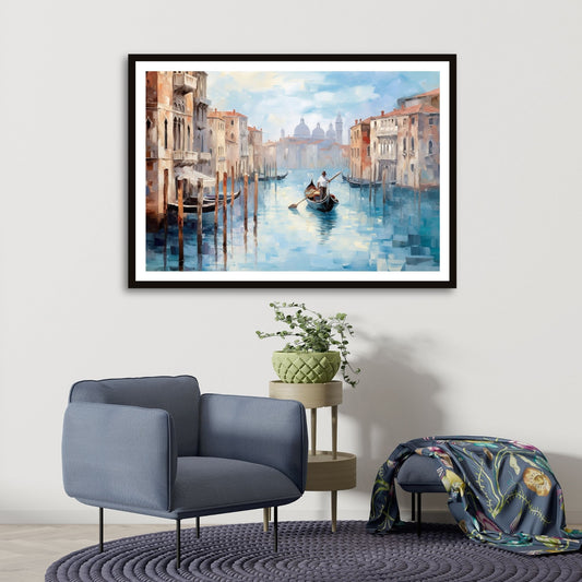 Grafisk maleri. Utforsk den romantiske skjønnheten med vår Venezia plakat og lerret. Dykk inn i det pulserende hjertet av Italia mens du tar inn synet av gondoler som glir stille gjennom kanalene og de fargerike bygningene som speiler seg i det stille vannet. Illustrasjon som viser motivet som plakat i sort ramme.