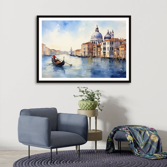 Grafisk maleri. Utforsk den romantiske skjønnheten med vår Venezia plakat og lerret. Dykk inn i det pulserende hjertet av Italia mens du tar inn synet av gondoler som glir stille gjennom kanalene og de fargerike bygningene som speiler seg i det stille vannet. Illustrasjon som viser motivet som plakat i sort ramme.