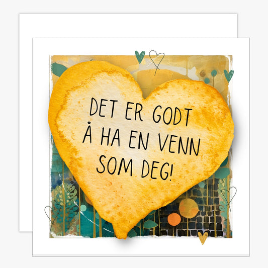 Kort med lys oransje hjerte med tekst "Det er godt å ha en venn som deg" og bakgrunn i fargerik blomstereng. Konvolutt er inkludert.
