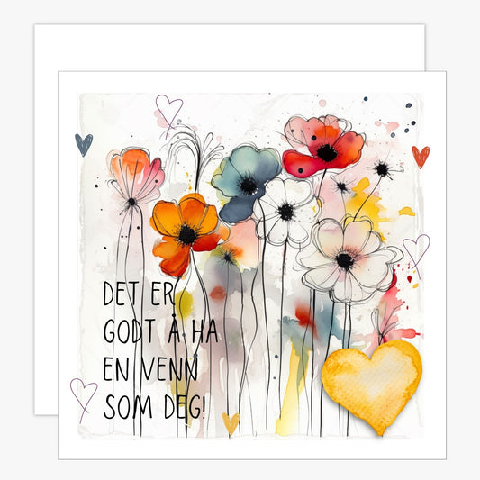 Kort med lys oransje hjerte og bakgrunn med fargerik blomstereng, og tekst "Det er godt å ha en venn som deg". Konvolutt er inkludert.