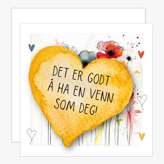 Kort med lys oransje hjerte med tekst "Det er godt å ha en venn som deg" og bakgrunn med fargerik blomstereng. Konvolutt er inkludert.