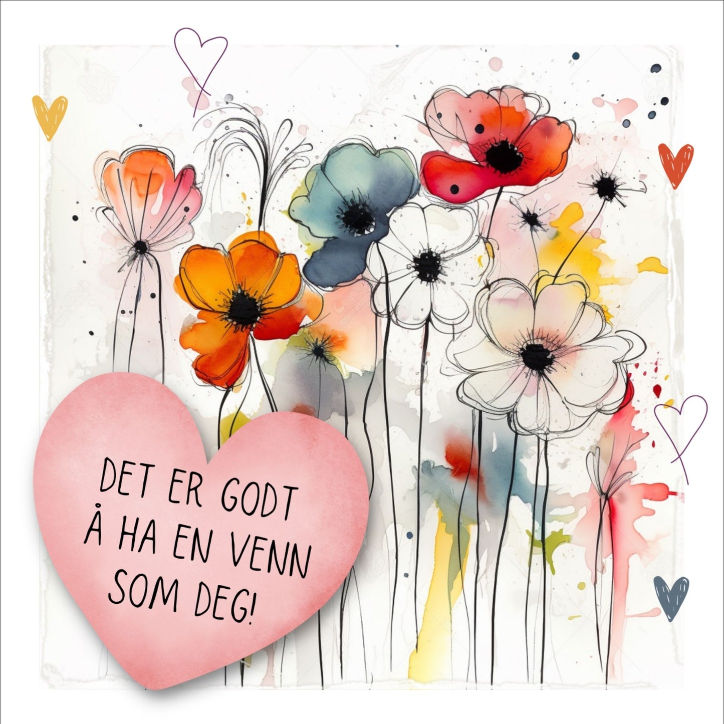 Kort med rosa hjerte med tekst "Det er godt å ha en venn som deg" og bakgrunn med fargerik blomstereng. Konvolutt er inkludert.