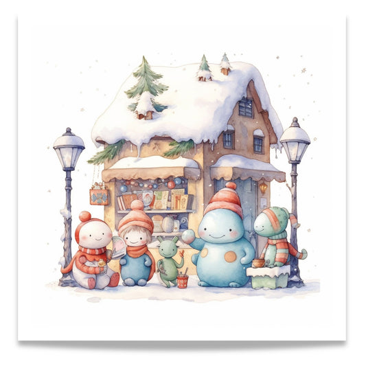 Denne herlige illustrasjonen viser snødekte hus og småbutikker, snømenn og vennlige figurer som skaper en koselig og nostalgisk stemning.