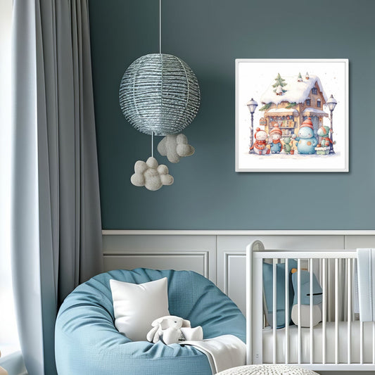 Denne herlige illustrasjonen viser snødekte hus og småbutikker, snømenn og vennlige figurer som skaper en koselig og nostalgisk stemning. Illustrasjonsfoto viser motivet i lys ramme.
