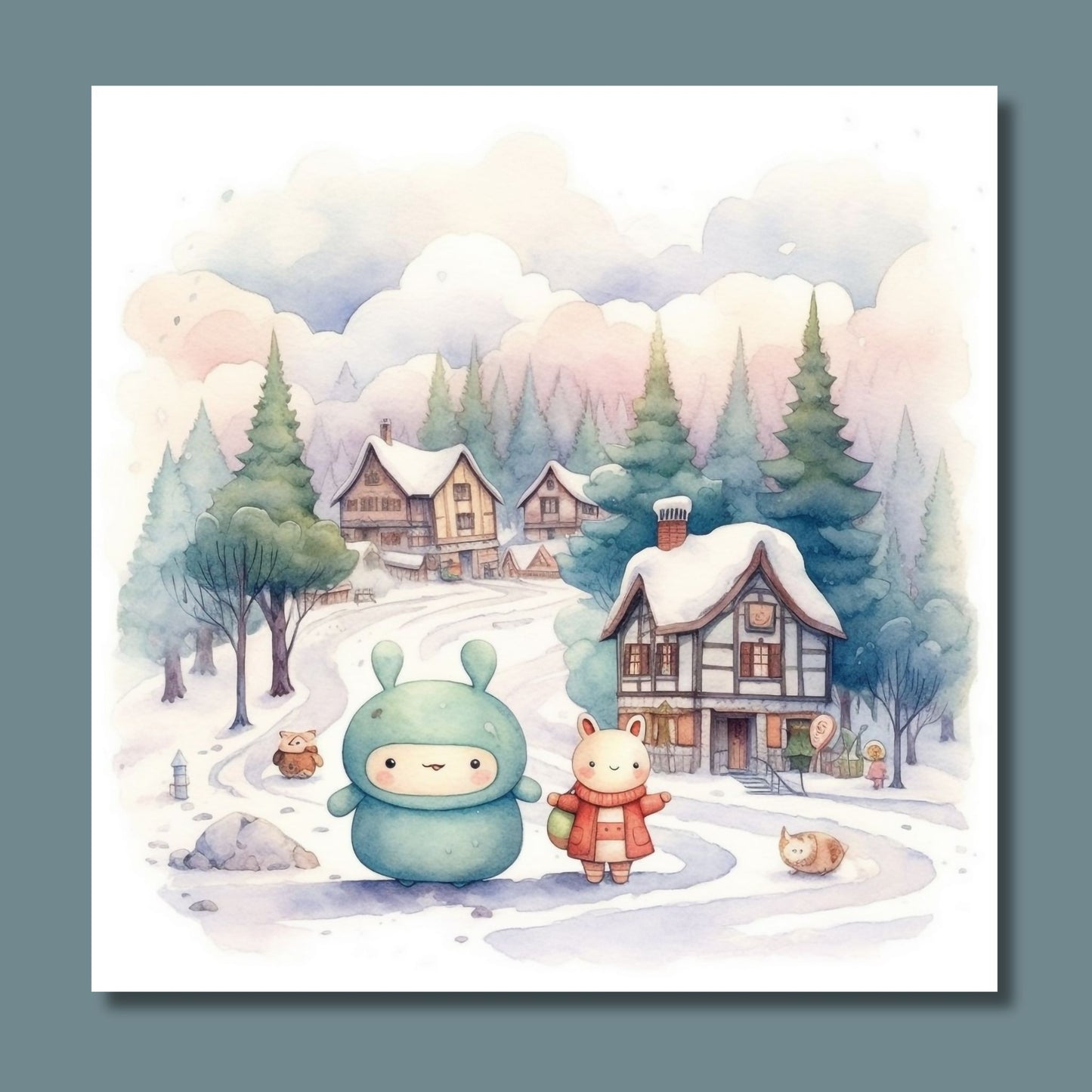 Denne herlige illustrasjonen viser snødekte hus og småbutikker, snømenn og vennlige figurer som skaper en koselig og nostalgisk stemning. Illustrasjonsfoto viser motivet på lerret.