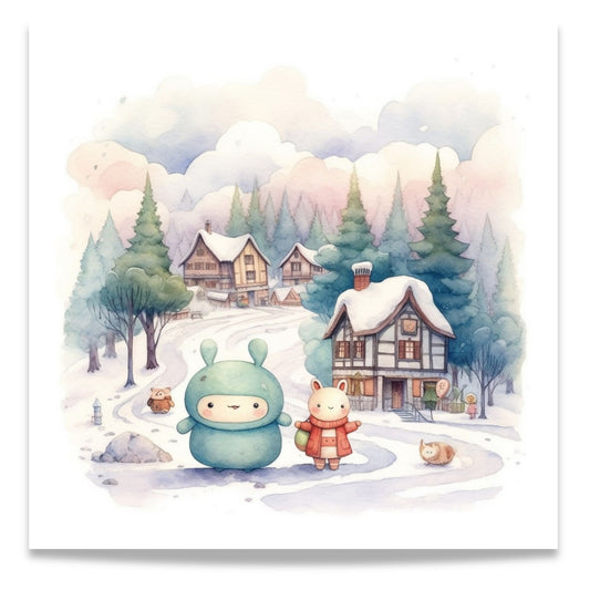 Denne herlige illustrasjonen viser snødekte hus og småbutikker, snømenn og vennlige figurer som skaper en koselig og nostalgisk stemning.