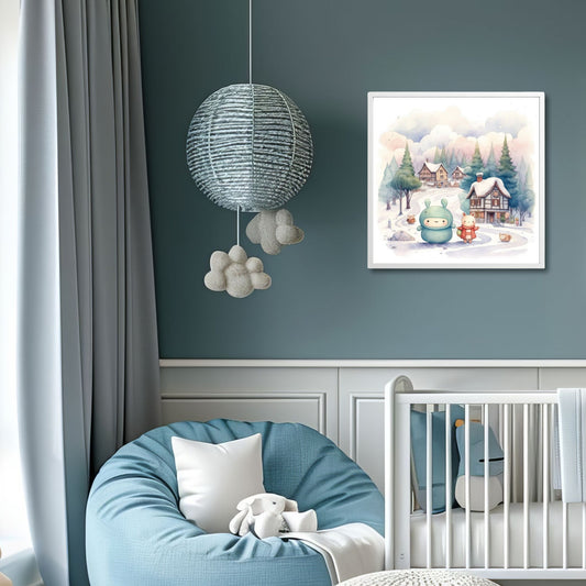 Denne herlige illustrasjonen viser snødekte hus og småbutikker, snømenn og vennlige figurer som skaper en koselig og nostalgisk stemning. Illustrasjonsfoto viser motivet i lys ramme.