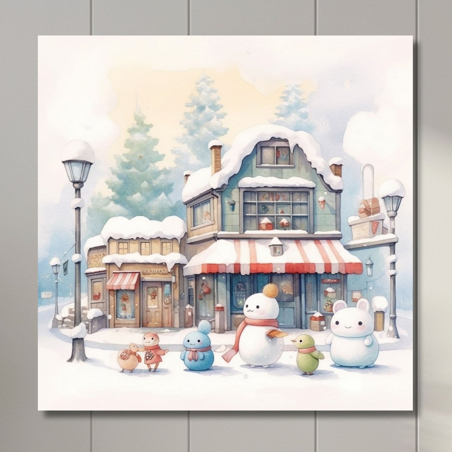 Denne herlige illustrasjonen viser snødekte hus og småbutikker, snømenn og vennlige figurer som skaper en koselig og nostalgisk stemning. Illustrasjonsfoto viser motivet på lerret.