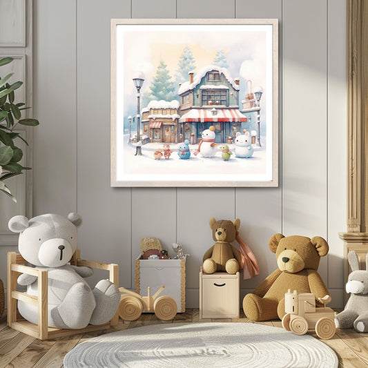 Denne herlige illustrasjonen viser snødekte hus og småbutikker, snømenn og vennlige figurer som skaper en koselig og nostalgisk stemning. Illustrasjonsfoto viser motivet i lys ramme.