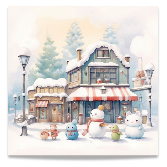 Denne herlige illustrasjonen viser snødekte hus og småbutikker, snømenn og vennlige figurer som skaper en koselig og nostalgisk stemning.