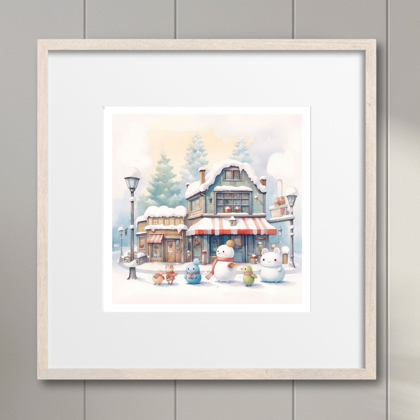 Denne herlige illustrasjonen viser snødekte hus og småbutikker, snømenn og vennlige figurer som skaper en koselig og nostalgisk stemning. Illustrasjonsfoto viser motivet i lys ramme.