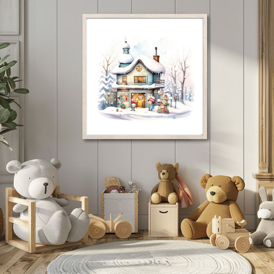 Denne herlige illustrasjonen viser snødekte hus og småbutikker, snømenn og vennlige figurer som skaper en koselig og nostalgisk stemning. Illustrasjonsfoto viser motivet i lys ramme.