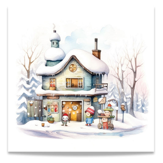 Denne herlige illustrasjonen viser snødekte hus og småbutikker, snømenn og vennlige figurer som skaper en koselig og nostalgisk stemning.