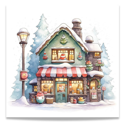 Denne herlige illustrasjonen viser snødekte hus og småbutikker, snømenn og vennlige figurer som skaper en koselig og nostalgisk stemning.
