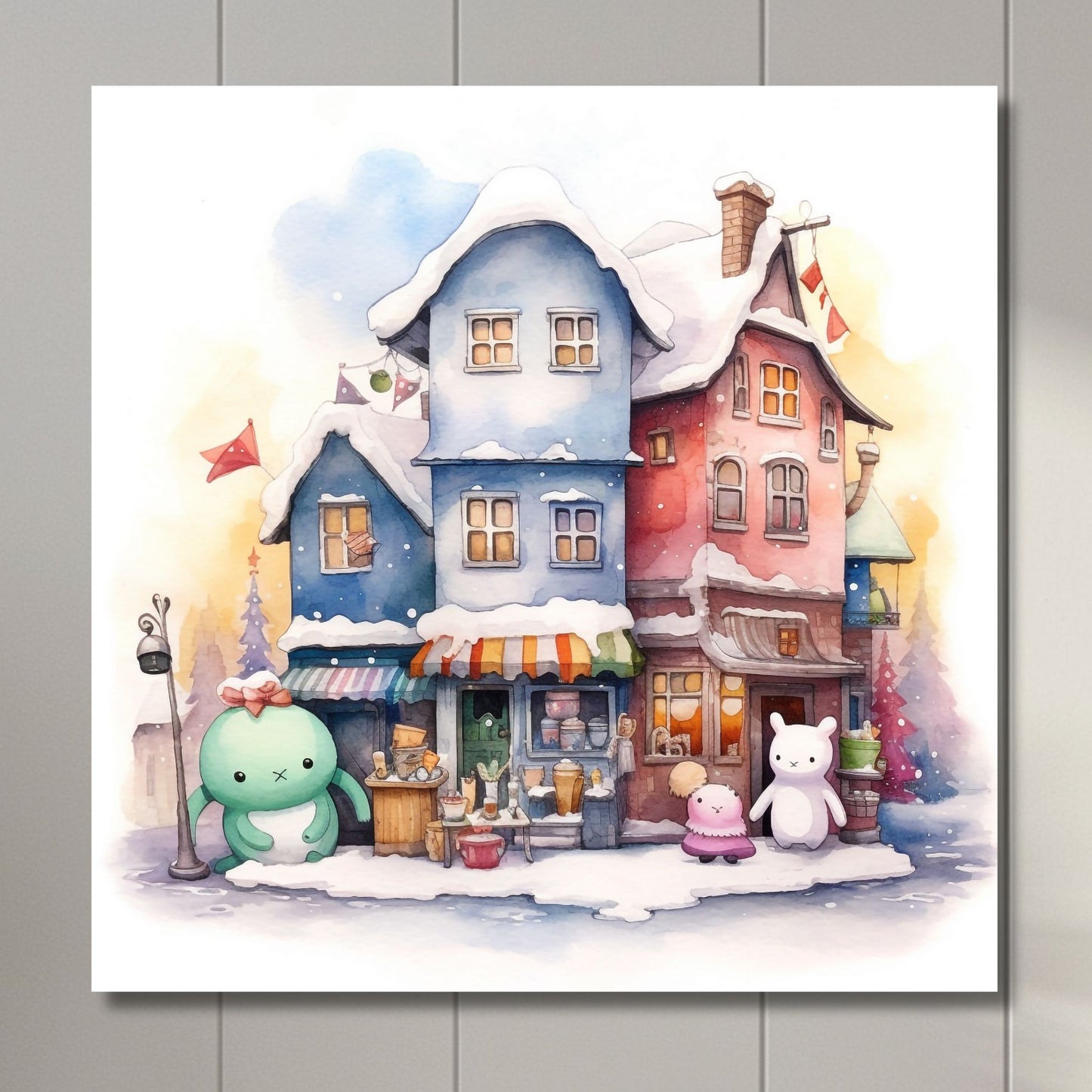 Denne herlige illustrasjonen viser snødekte hus og småbutikker, snømenn og vennlige figurer som skaper en koselig og nostalgisk stemning. Illustrasjonsfoto viser motivet på lerret.