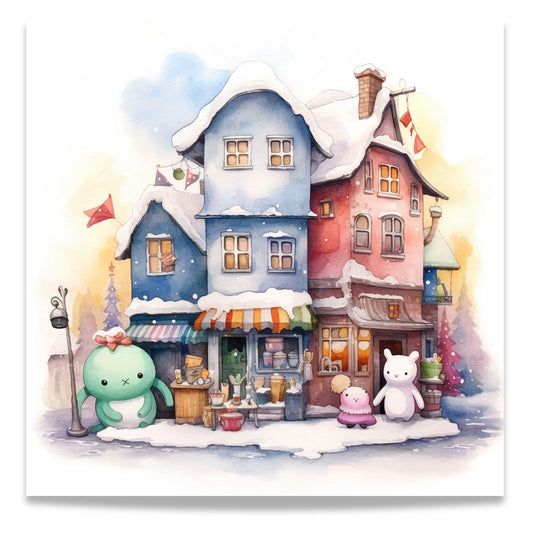 Denne herlige illustrasjonen viser snødekte hus og småbutikker, snømenn og vennlige figurer som skaper en koselig og nostalgisk stemning.