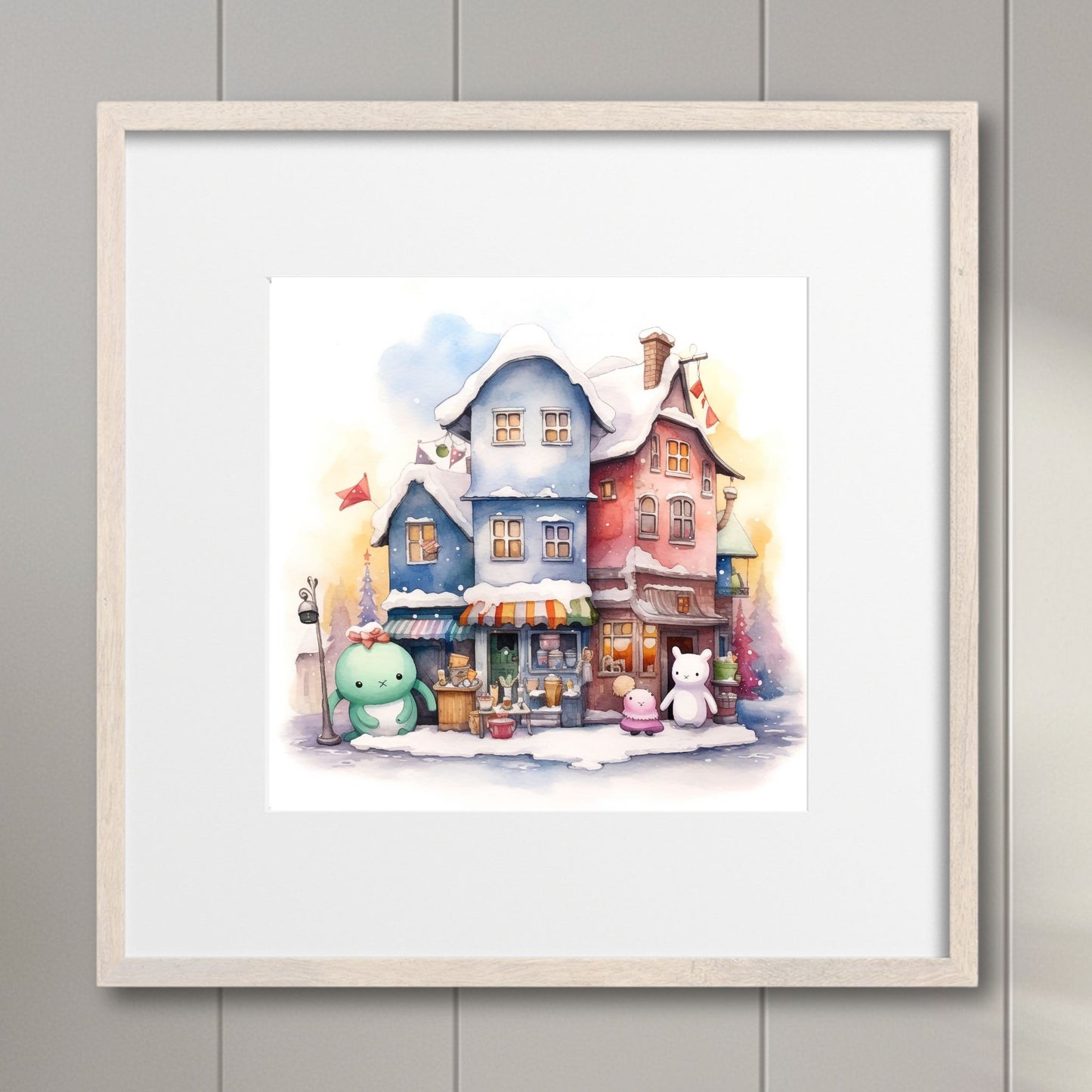 Denne herlige illustrasjonen viser snødekte hus og småbutikker, snømenn og vennlige figurer som skaper en koselig og nostalgisk stemning. Illustrasjonsfoto viser motivet i lys ramme.