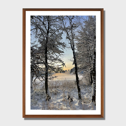 Magisk vinterdag ved Skranevatnet med desembersol og frostrøyk på isen. Illustrasjon viser plakat i eikeramme.