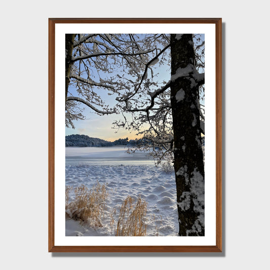 Magisk vinterdag ved Skranevatnet. Illustrasjon viser plakat i eikeramme.