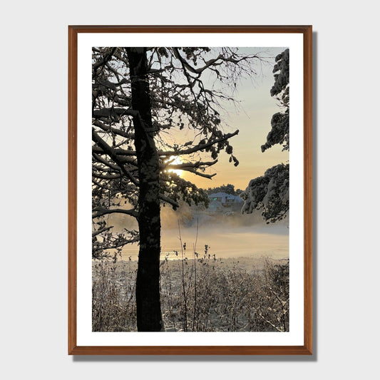 Magisk vinterdag ved Skranevatnet med frostrøyk i lav desembersol. Illustrasjon viser plakat i eikeramme.