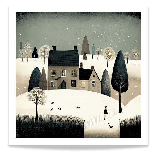 Denne vakre illustrasjonen av snødekt landsby og stille vinterlandskap bringer frem en følelse av fred og nostalgisk vinterstemning.