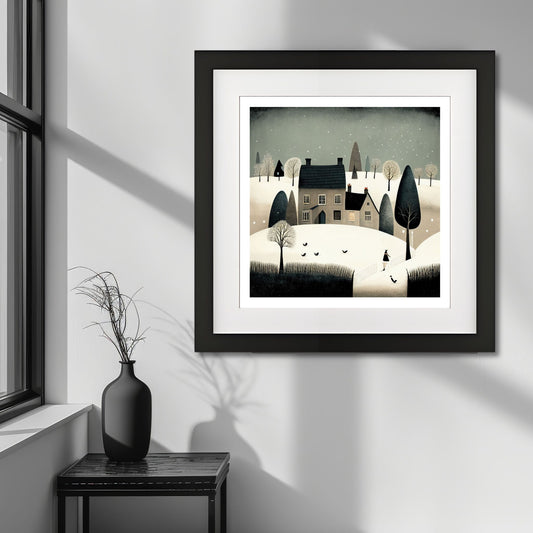 Denne vakre illustrasjonen av snødekt landsby og stille vinterlandskap bringer frem en følelse av fred og nostalgisk vinterstemning. Illustrasjonsfoto viser plakat i sort ramme med passepartout.