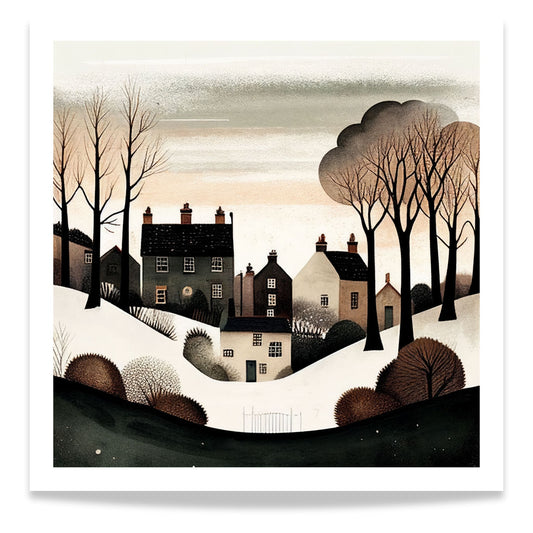 Denne vakre illustrasjonen av snødekt landsby og stille vinterlandskap bringer frem en følelse av fred og nostalgisk vinterstemning.