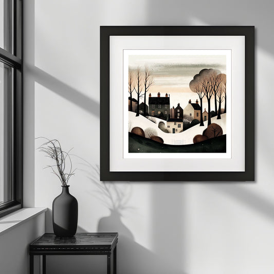 Denne vakre illustrasjonen av snødekt landsby og stille vinterlandskap bringer frem en følelse av fred og nostalgisk vinterstemning. Illustrasjonsfoto viser plakat i sort ramme med passepartout.