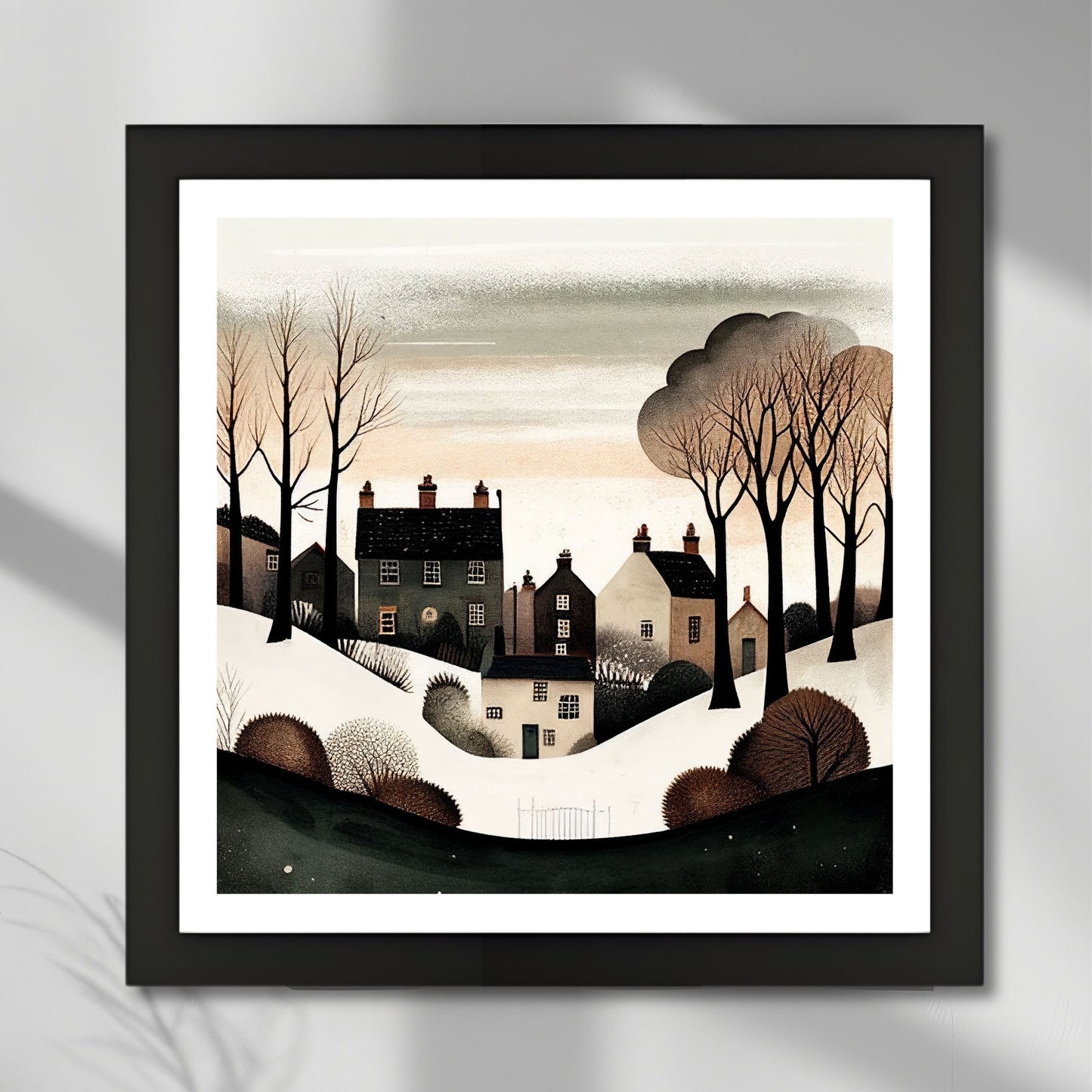 Denne vakre illustrasjonen av snødekt landsby og stille vinterlandskap bringer frem en følelse av fred og nostalgisk vinterstemning. Illustrasjonsfoto viser plakat i sort ramme.