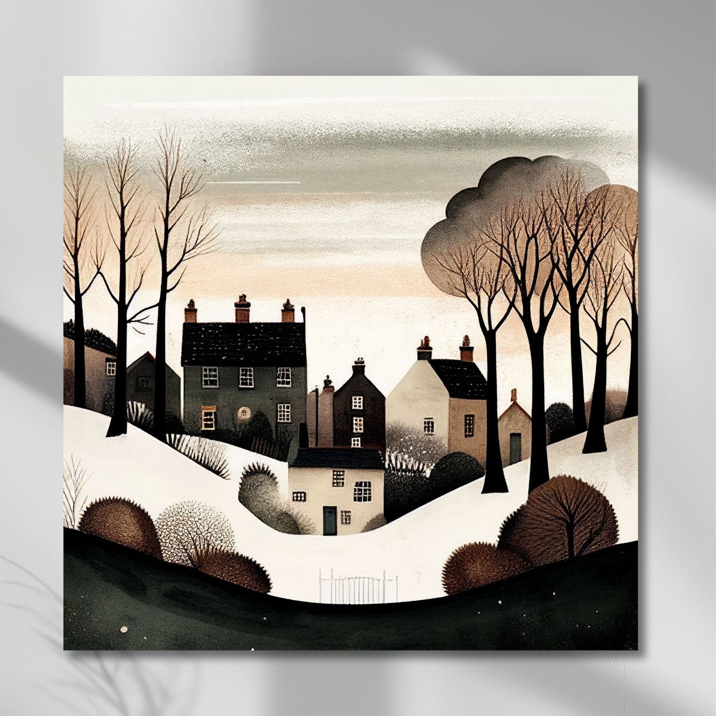 Denne vakre illustrasjonen av snødekt landsby og stille vinterlandskap bringer frem en følelse av fred og nostalgisk vinterstemning. Illustrasjonsfoto viser motivet på lerret.