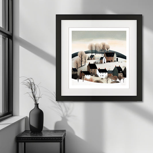 Denne vakre illustrasjonen av snødekt landsby og stille vinterlandskap bringer frem en følelse av fred og nostalgisk vinterstemning. Illustrasjonsfoto viser plakat i sort ramme med passepartout.