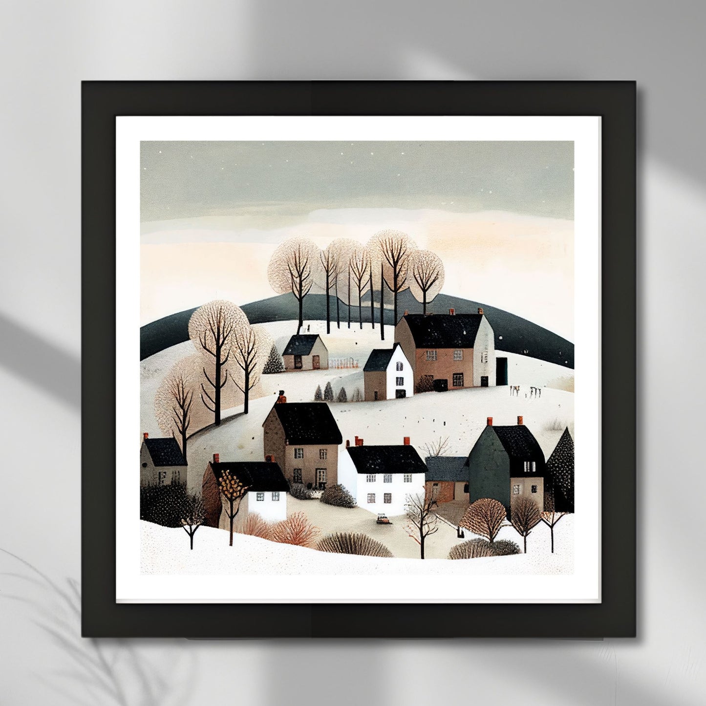 Denne vakre illustrasjonen av snødekt landsby og stille vinterlandskap bringer frem en følelse av fred og nostalgisk vinterstemning. Illustrasjonsfoto viser plakat i sort ramme.