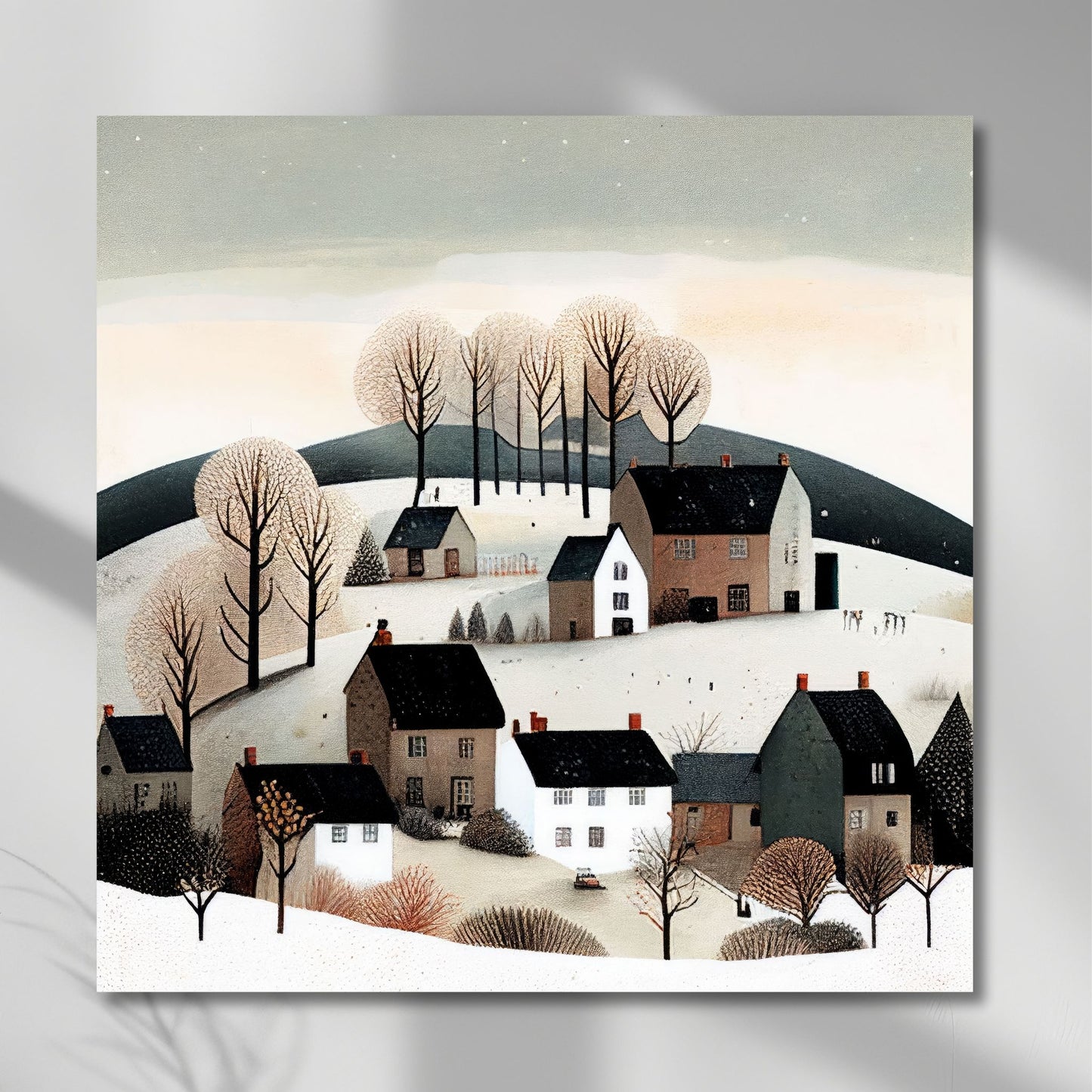 Denne vakre illustrasjonen av snødekt landsby og stille vinterlandskap bringer frem en følelse av fred og nostalgisk vinterstemning. Illustrasjonsfoto viser motivet på lerret.