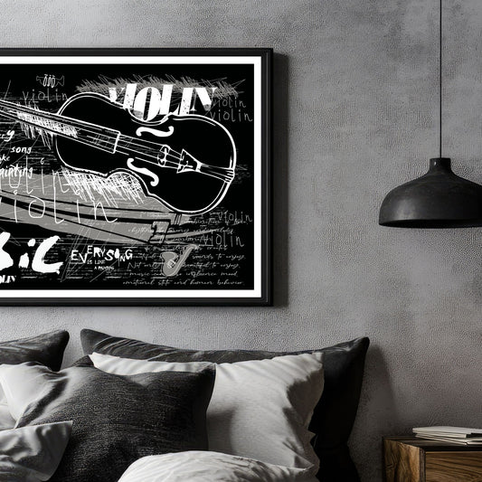 Denne grafiske illustrasjonen i svart, hvitt og grått fanger essensen av fiolinens skjønnhet, kombinert med et moderne graffitiuttrykk. Illustrasjonsfoto viser motivet som plakat i svart ramme.