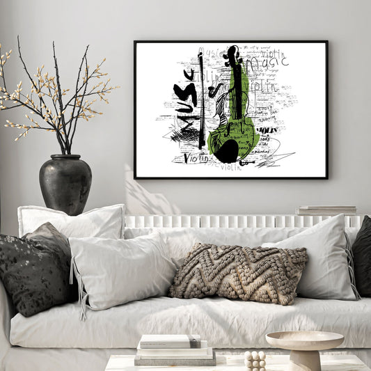 Denne grafiske illustrasjonen i svart, hvitt og grønt fanger essensen av fiolinens skjønnhet, kombinert med et moderne graffitiuttrykk. Illustrasjonsfoto viser motivet i svart ramme.