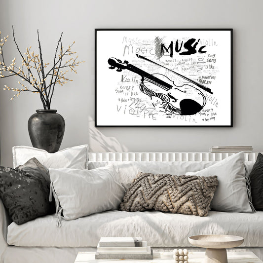 Denne grafiske illustrasjonen i svart og hvitt fanger essensen av fiolinens skjønnhet, kombinert med et moderne graffitiuttrykk. Illustrasjonsfoto viser motivet som plakat i svart ramme.