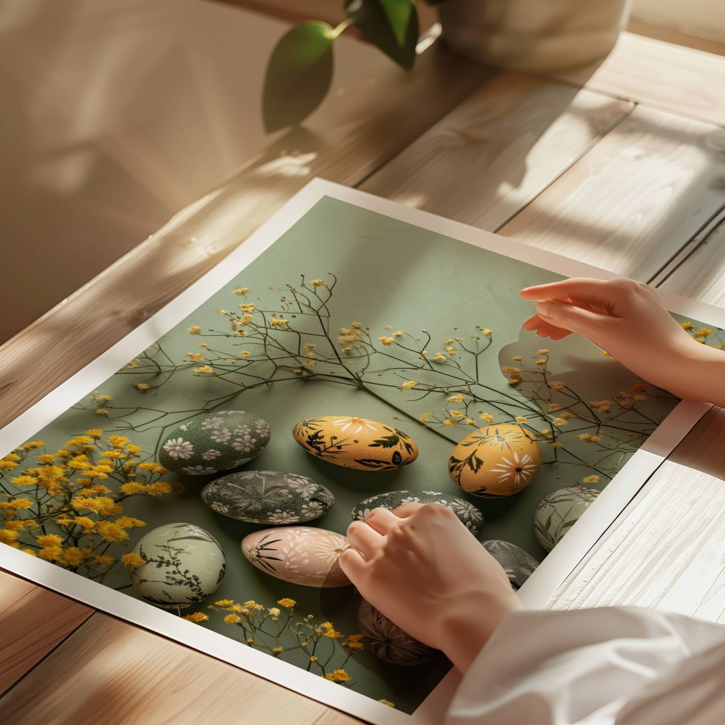 Dette elegante motivet viser vakkert dekorerte påskeegg i delikate grønn- og jordtoner, omkranset av tørkede blomster for et harmonisk og rustikt uttrykk. Illustrasjon viser plakat med hvit kant på print.