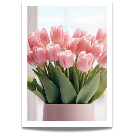 Dette vakre kunstverket fanger skjønnheten i delikate rosa tulipaner i en stilren vase.