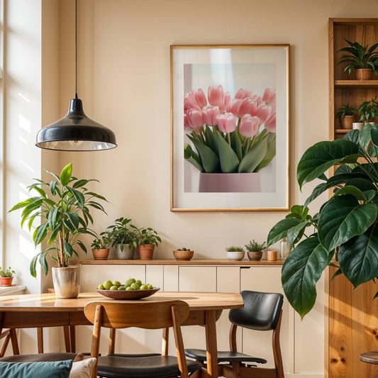 Dette vakre kunstverket fanger skjønnheten i delikate rosa tulipaner i en stilren vase. Illustrasjon viser plakat med passepartout i eik ramme.