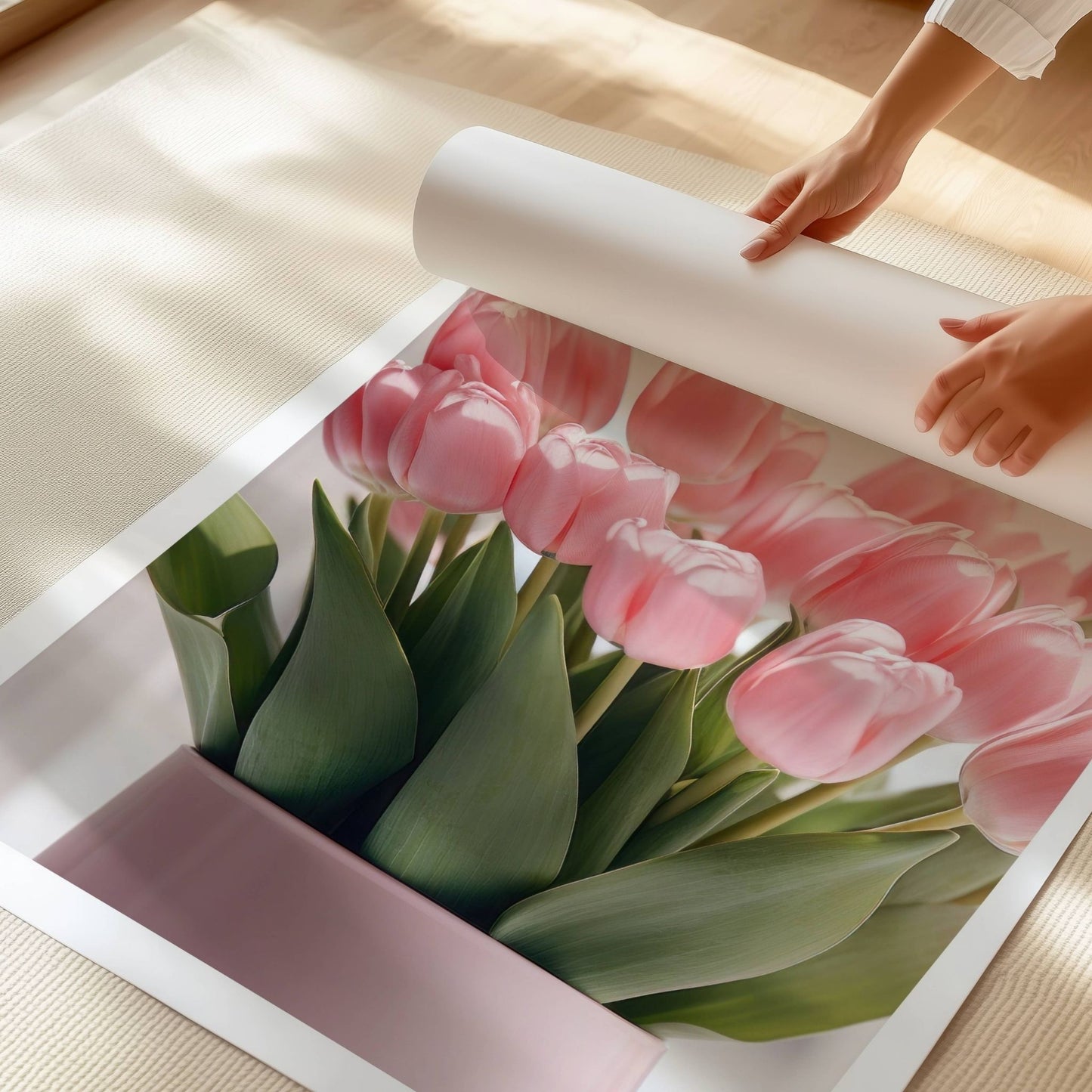 Dette vakre kunstverket fanger skjønnheten i delikate rosa tulipaner i en stilren vase. Illustrasjon viser plakat med hvit kant på print.