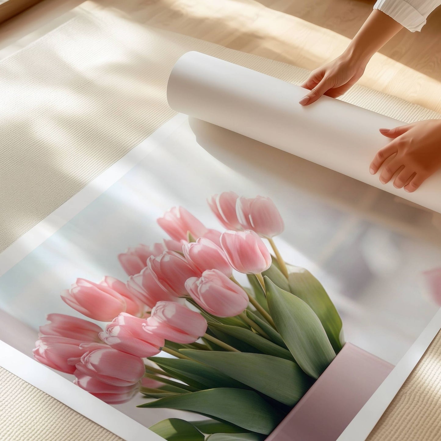 Dette vakre kunstverket fanger skjønnheten i delikate rosa tulipaner i en stilren vase. Illustrasjon viser plakat med hvit kant på print.