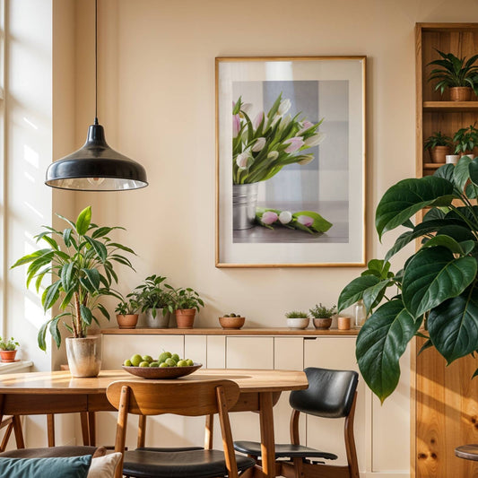 Skap en frisk og stemningsfull påskedekor med Vårens Tulipaner! Dette vakre kunstverket, fanger den myke skjønnheten i hvite og rosa tulipaner – et klassisk symbol på vår og påske. Illustrasjonen viser plakat med passepartout i eik ramme.