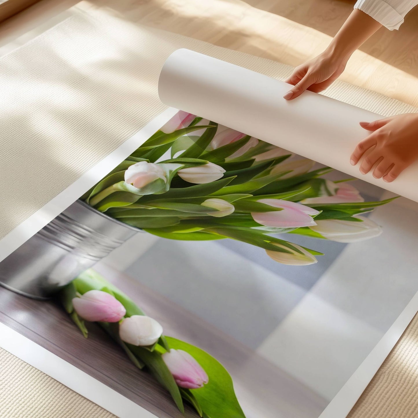 Skap en frisk og stemningsfull påskedekor med Vårens Tulipaner! Dette vakre kunstverket, fanger den myke skjønnheten i hvite og rosa tulipaner – et klassisk symbol på vår og påske. Illustrasjonen viser plakat med hvit kant på print.