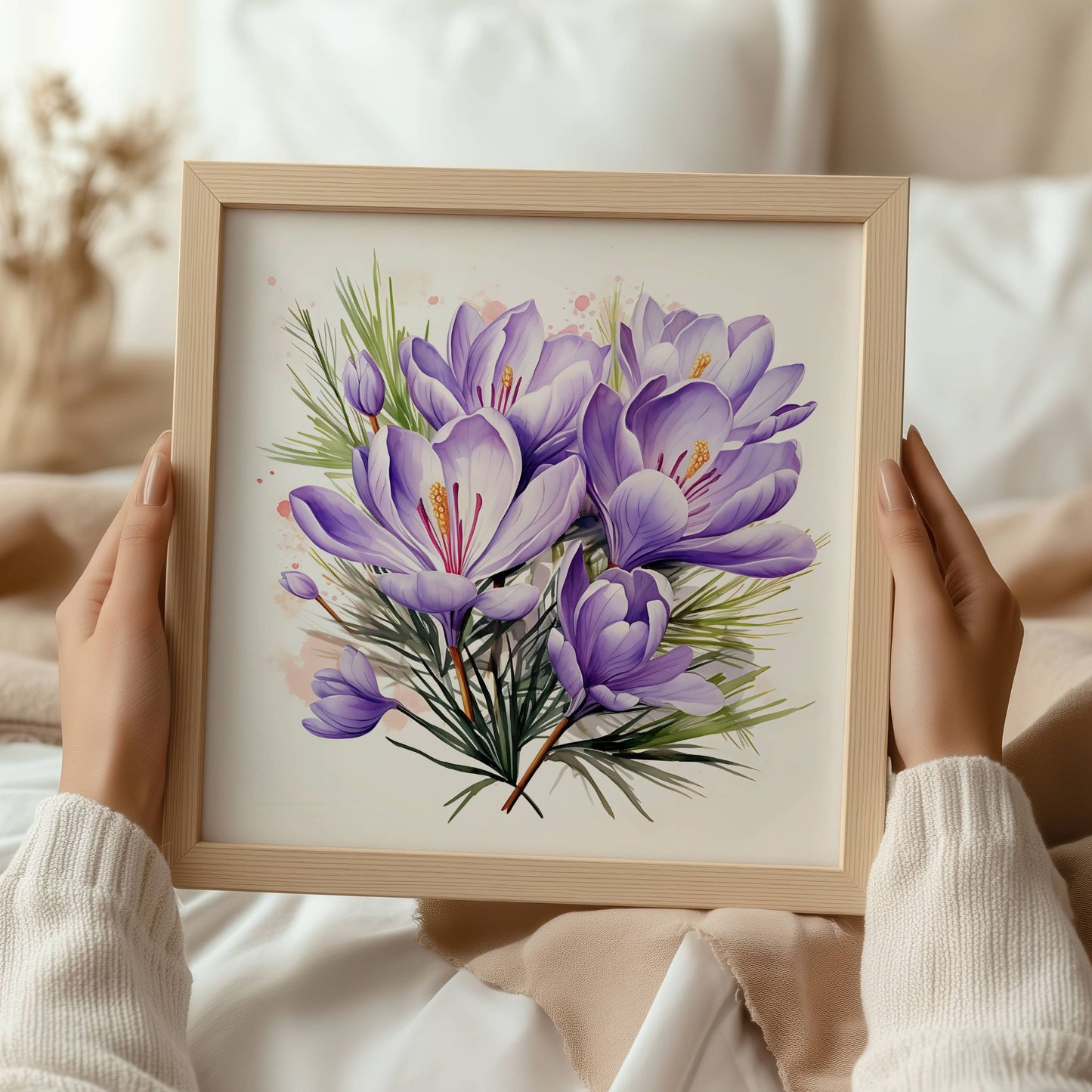 Vårkrokus – Plakat byr på en myk og poetisk fremstilling av krokusblomster – en hyllest til vårens første tegn. Illustrasjon viser plakat i eik ramme.