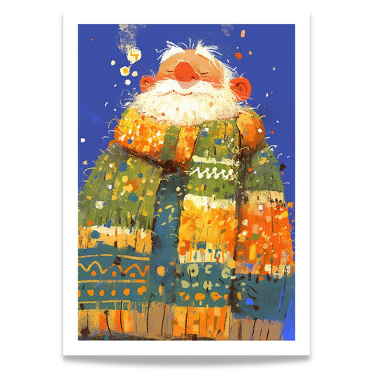 Dette sjarmerende kunstverket av en koselig julenisse, med rød nese og en fargerik, tykk strikket genser, fanger den varme og lune følelsen av vintersesongen.