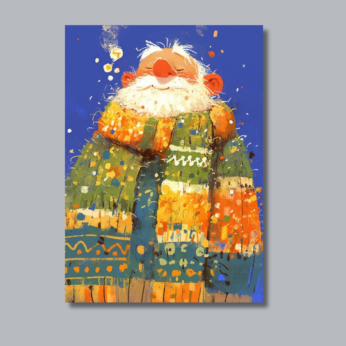 Dette sjarmerende kunstverket av en koselig julenisse, med rød nese og en fargerik, tykk strikket genser, fanger den varme og lune følelsen av vintersesongen. Illustrasjon viser motivet på lerret.