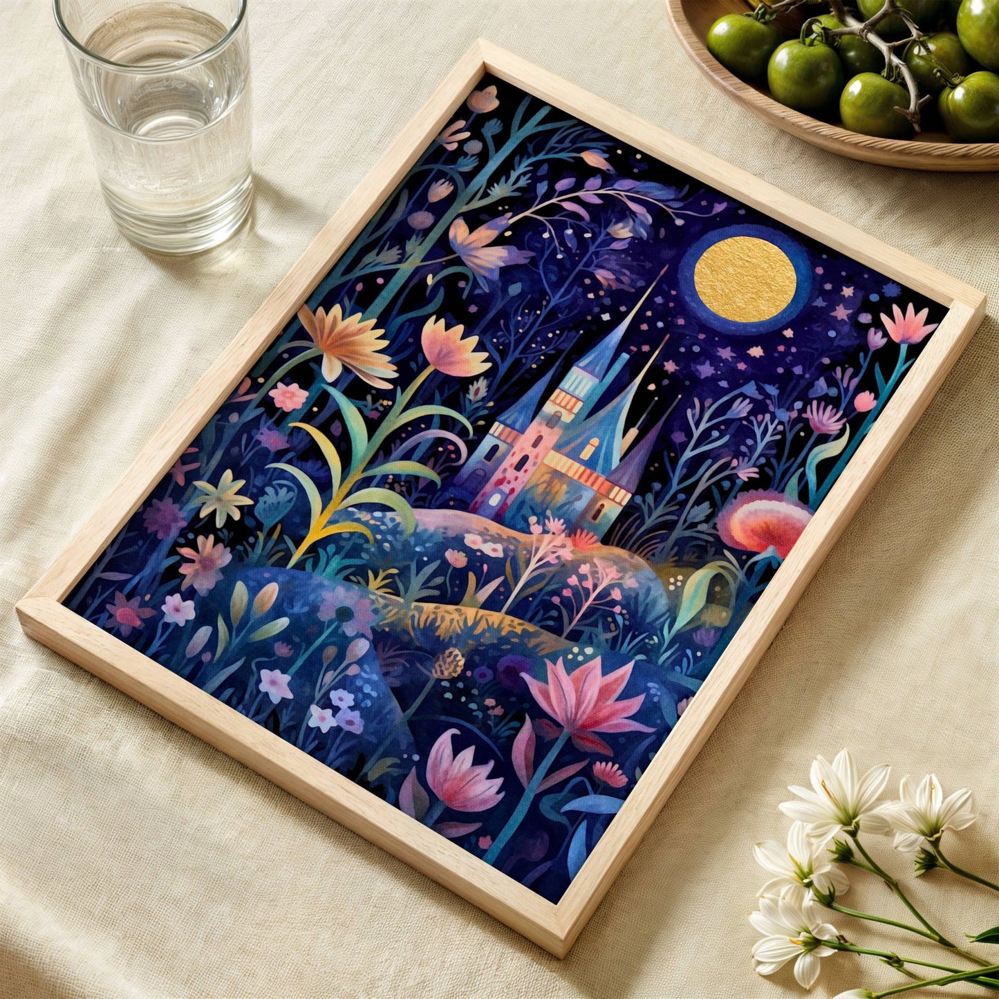 En blomsterkledd sti leder mot et lyst hus under måneskinnet – et bilde som roer ned og inspirerer. Illustrasjon viser plakat uten hvit kant i eik ramme.