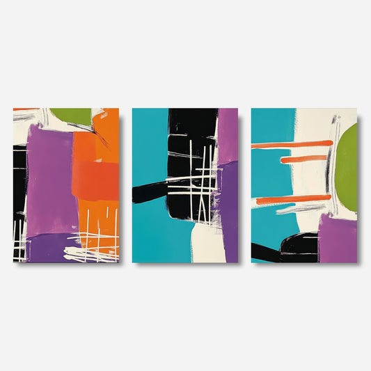 En serie med en dristig kombinasjon av håndtegnede linjer og sterke, kontrasterende farger som gir energi og modernitet til ethvert rom. Miljøfoto viser serien på lerret.